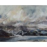 ALED PRICHARD-JONES watercolour - the Menai Straits and Suspension Bridge, Carneddau mountain-range,