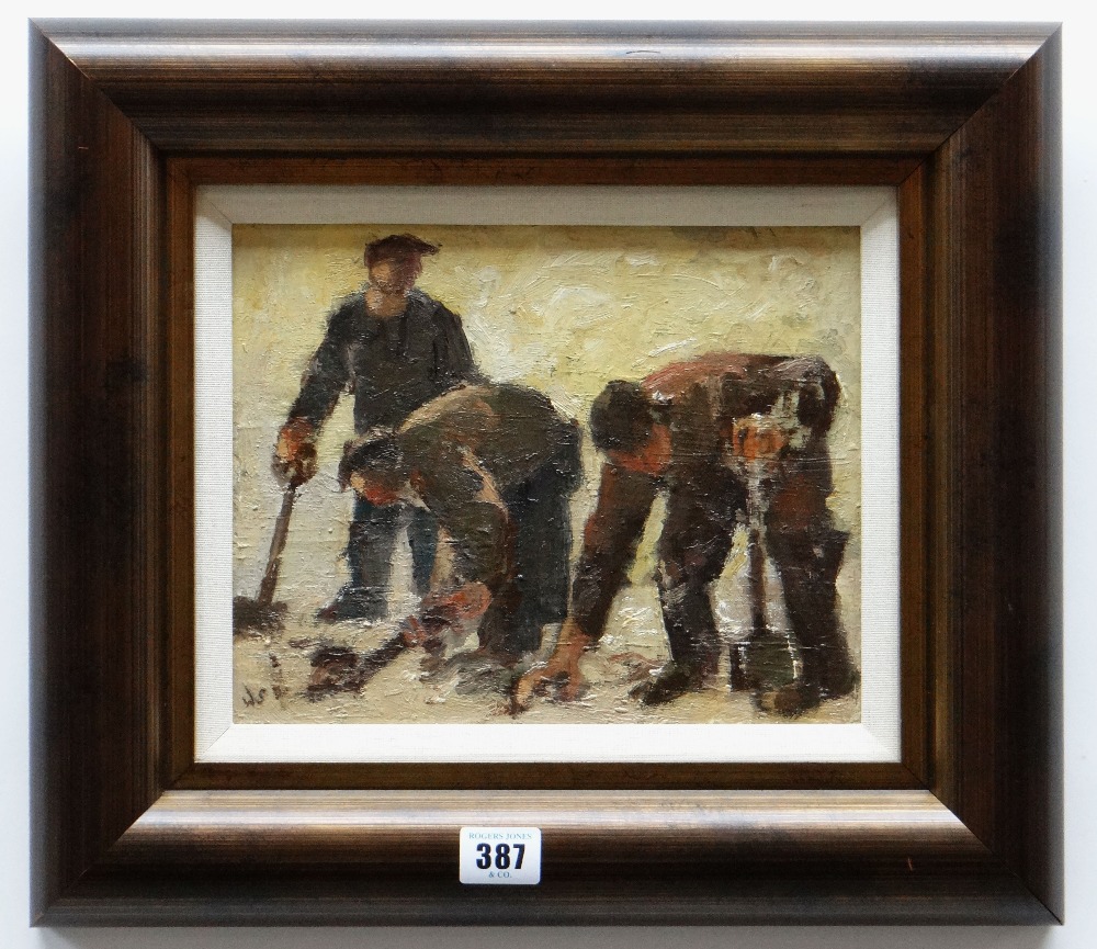 WILLIAM SELWYN oil on board - three workmen with spades, signed with initials, 20 x 24cms - Image 2 of 2