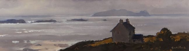 GARETH THOMAS oil on board / card - Ireland coastal view with cottage, signed, 14 x 52cms