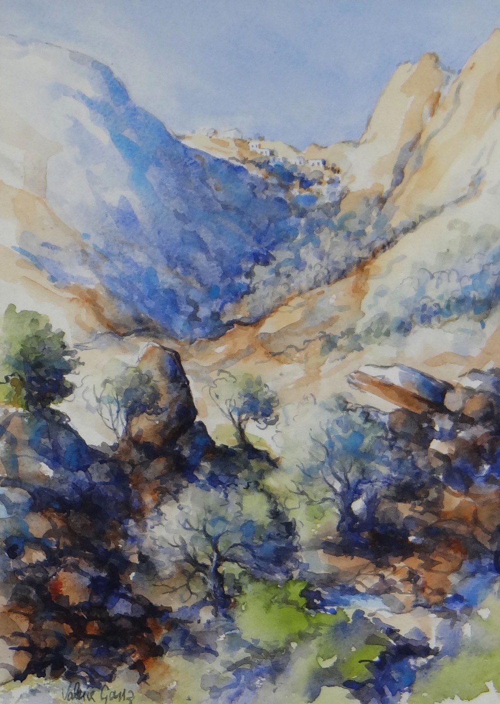 VALERIE GANZ watercolours, a pair - Cypriot landscapes, one with small church, the other with - Image 2 of 5