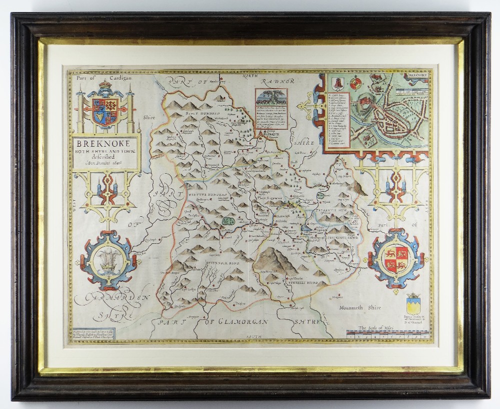 JOHN SPEED coloured antique map - Brecknoke 'Both Shyre and Towne described', dated 1610,