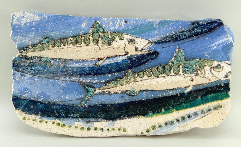 BRONWYN WILLIAMS-ELLIS clay panel and paints - two long fishes, signed, 42 x 23cms Provenance: