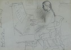 CERI RICHARDS pencil drawing - the artist's teenage daughter Rachel playing the piano, 13 x 18.