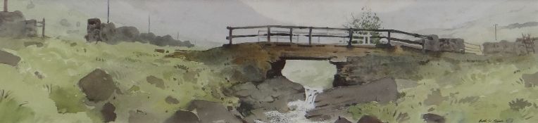 GARETH THOMAS watercolour - landscape with old footbridge over a river, signed, 12 x 51cms