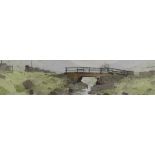 GARETH THOMAS watercolour - landscape with old footbridge over a river, signed, 12 x 51cms