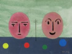 JACK JONES gouache on panel - two faces and telegraph pole, signed and dated 1987,15 x 20cms