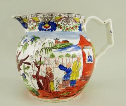 A BELIEVED SWANSEA PEARLWARE POTTERY MANDARIN JUG colourfully decorated with opposing scenes of