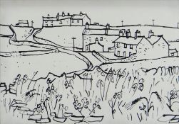 SIR KYFFIN WILLIAMS RA pen and ink - village scene, entitled verso 'Pentre', signed with initials,
