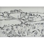 SIR KYFFIN WILLIAMS RA pen and ink - village scene, entitled verso 'Pentre', signed with initials,