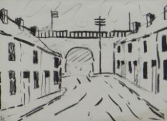 JACK JONES charcoal - street scene with railway bridge, signed with initials and dated 1985, 21 x