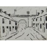 JACK JONES charcoal - street scene with railway bridge, signed with initials and dated 1985, 21 x