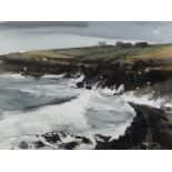 WILLIAM SELWYN watercolour - Ynys Mon coastal scene with breaking waves and hilltop buildings,