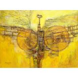 OGWYN DAVIES PVA, acrylic and oil - semi-abstract in yellow, entitled verso 'Harvest Bird