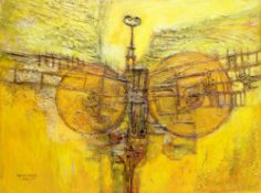 OGWYN DAVIES PVA, acrylic and oil - semi-abstract in yellow, entitled verso 'Harvest Bird