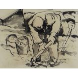 WILL ROBERTS pen and ink - figure, entitled verso 'Old Man Lifting Potatoes, 1990', signed with