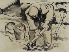 WILL ROBERTS pen and ink - figure, entitled verso 'Old Man Lifting Potatoes, 1990', signed with