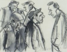 MIKE JONES pastel - group of figures, entitled verso 'Catching Up, Ystradgynlais', signed, 18 x