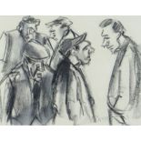 MIKE JONES pastel - group of figures, entitled verso 'Catching Up, Ystradgynlais', signed, 18 x