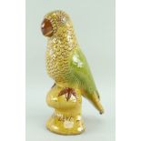 EWENNY POTTERY MODEL OF A PERCHED PARROT in red slip with sgraffito and yellow, brown and green over
