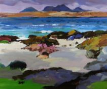 DONALD MCINTYRE acrylic - shore scene with mountains in background, entitled verso 'Shore Kilberry