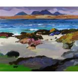 DONALD MCINTYRE acrylic - shore scene with mountains in background, entitled verso 'Shore Kilberry