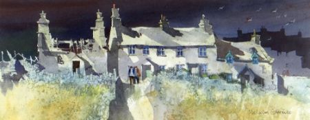MALCOLM EDWARDS watercolour - row of cottages with two figures at a doorway, signed, 14.5 x 37cms