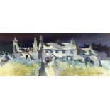 MALCOLM EDWARDS watercolour - row of cottages with two figures at a doorway, signed, 14.5 x 37cms