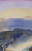 ELIZABETH HAINES watercolour - skyline with mountains, entitled verso on Albany Gallery label '