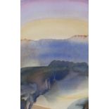 ELIZABETH HAINES watercolour - skyline with mountains, entitled verso on Albany Gallery label '