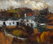 GWILYM PRICHARD oil on canvas - white washed farm in Autumnal landscape, 'Farm Houses,