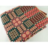 VINTAGE WELSH TAPESTRY REVERSIBLE BLANKET of geometric design, red ground with green and black