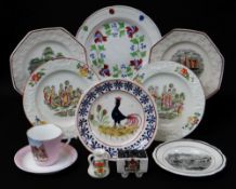 A WELSH POTTERY GROUP including small Llanelly cockerel plate, 18cms diam, pair of octagonal