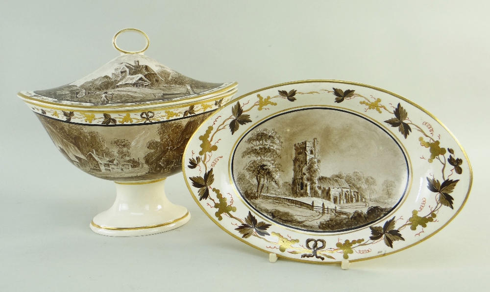 A SWANSEA POTTERY SAUCE TUREEN & COVER WITH STAND of gondola form having a loop handle, painted in - Image 2 of 11