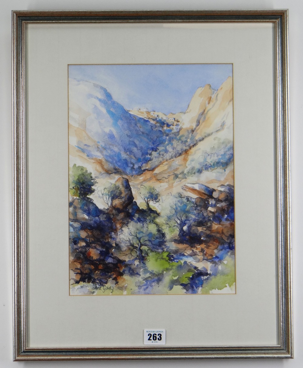 VALERIE GANZ watercolours, a pair - Cypriot landscapes, one with small church, the other with - Image 3 of 5