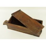 19TH CENTURY OAK CANDLE BOX with sliding cover and hanging handle, 46cms high Provenance: private