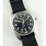 HAMILTON MILITARY ISSUE STAINLESS STEEL WRISTWATCH, c. 1977, circular black dial with broad arrow