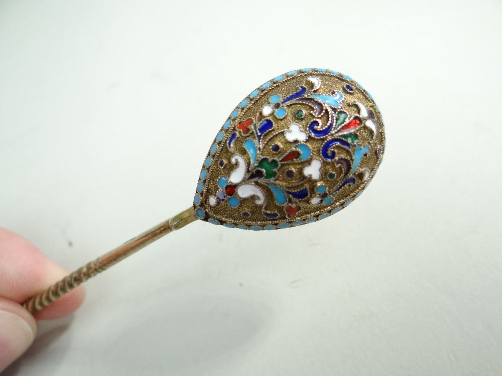 TWO SETS RUSSIAN ENAMEL & SILVER GILT TEASPOONS, 1908-1917, one a set of nine with makers mark 'EO', - Image 6 of 8