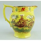 RARE STAFFORDSHIRE 'DANDY-HORSE' & 'ACCELERATOR' CANARY YELLOW PRINTED JUG, c.1820, foliate