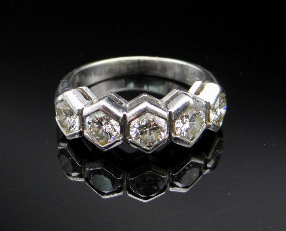 18CT WHITE GOLD FIVE STONE DIAMOND RING, in geometric setting, the five diamonds totalling 0.75cts - Image 3 of 5