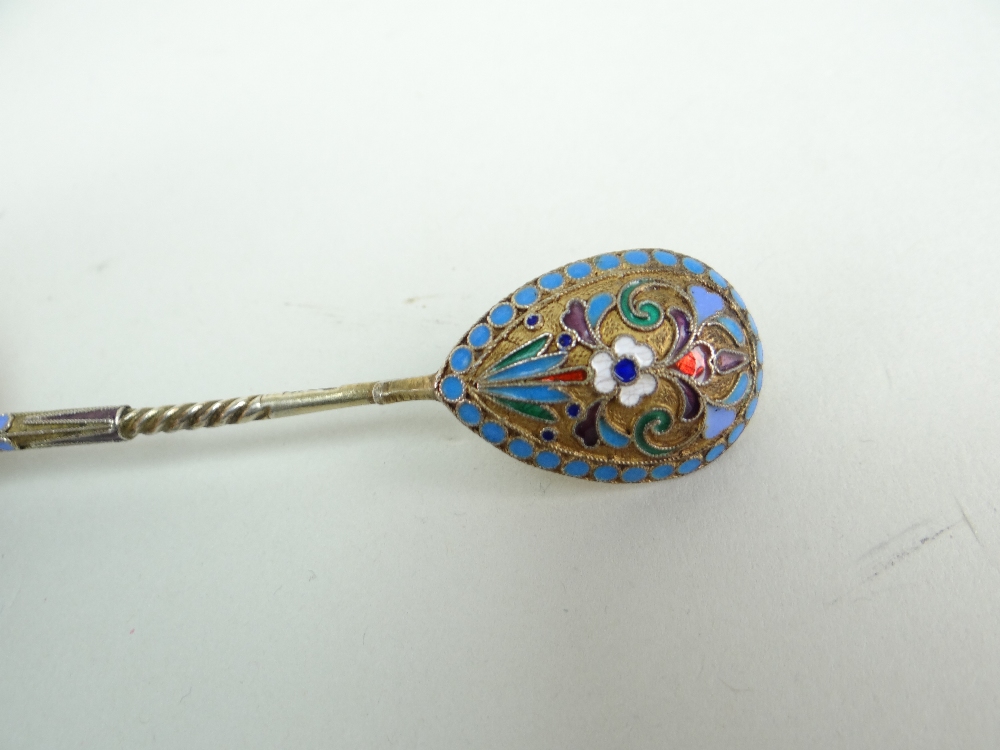 TWO SETS RUSSIAN ENAMEL & SILVER GILT TEASPOONS, 1908-1917, one a set of nine with makers mark 'EO', - Image 2 of 8
