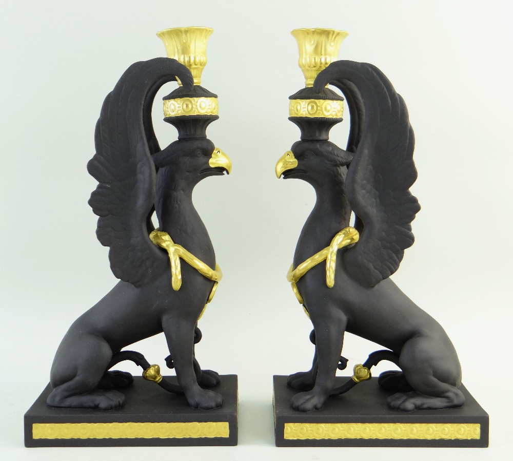 PAIR WEDGWOOD MASTERPIECE COLLECTION BLACK BASALT 'GRIFFIN' CANDLESTICKS, limited edition no. 23/