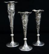 TRIO OF CHINESE EXPORT SILVER FLOWER VASES, by Kwong Man Shing, c. 1920, of slender conical form,