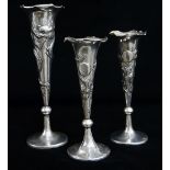 TRIO OF CHINESE EXPORT SILVER FLOWER VASES, by Kwong Man Shing, c. 1920, of slender conical form,