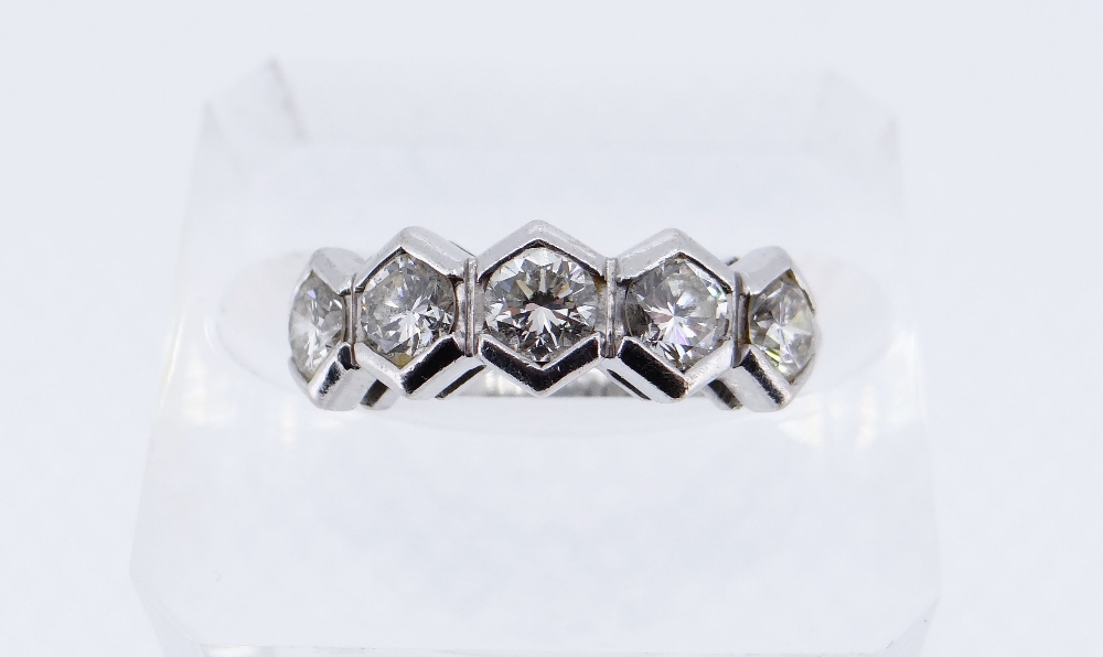 18CT WHITE GOLD FIVE STONE DIAMOND RING, in geometric setting, the five diamonds totalling 0.75cts - Image 2 of 5