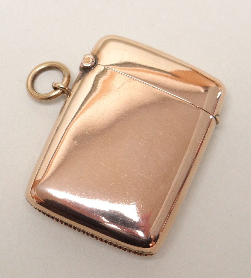 EDWARD VII 9CT GOLD VESTA CASE of plain rectangular shape, Birmingham 1903, 24.1gms Provenance: