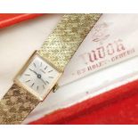 TUDOR FOR ROLEX 9CT GOLD LADIES WRISTWATCH, the square champagne dial having baton markers, engraved