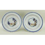 PAIR CHINESE ENAMELLED BLUE & WHITE PLATES, Qianlong, each centre decorated with a pair of deer