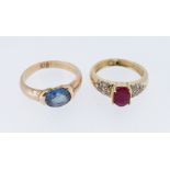 YELLOW METAL RINGS, including blue sapphire and pink gem stone, both engraved 'K18', ring size O and