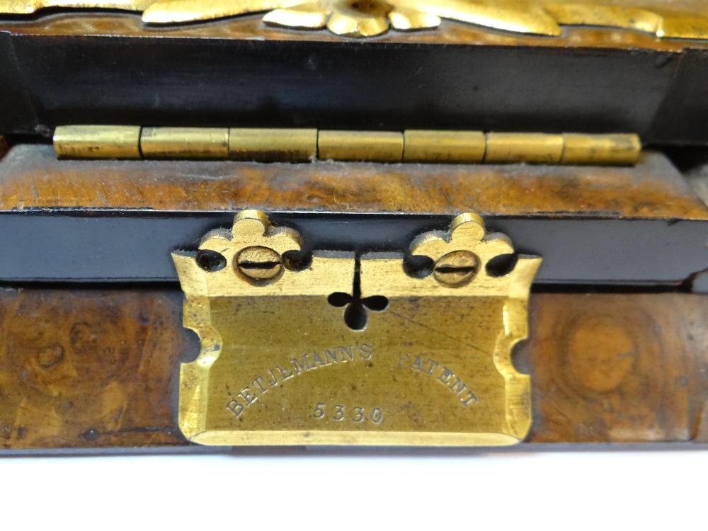 VICTORIAN WALNUT, GILT METAL & PORCELAIN PATENT BOOK SLIDE, with Betjeman's patent self-closing - Image 10 of 12