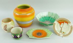 CLARICE CLIFF & SHELLEY, six designs including Taormina ashtray, Windbells preserve jar (crack,